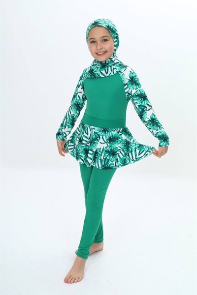 ZAYA Kız Çocuk Yaprak Desenli Hızlı Kuruyan 3 Parça , Tesettür, Etekli Kapalı Mayo