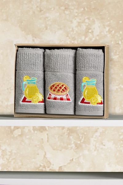Ellia Soft Set de 3 prosoape de bucătărie cu cutie de zestre brodate cu limonadă și tartă