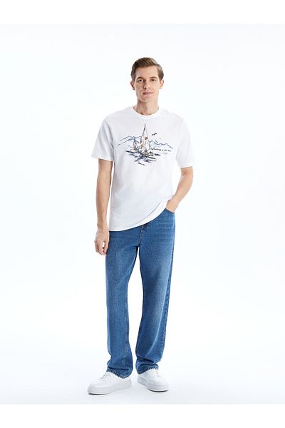 LC Waikiki Kurzärmliges, bedrucktes Herren-T-Shirt aus gekämmter Baumwolle mit Rundhalsausschnitt