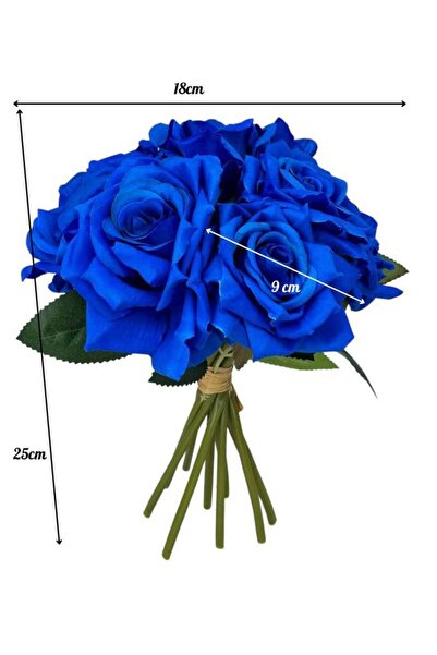 Nettenevime Yapay Çiçek Mavi Gül 10lu Demet Gelin Çiçeği Buketi Masa Üstü Vazo Çiçeği 25cm