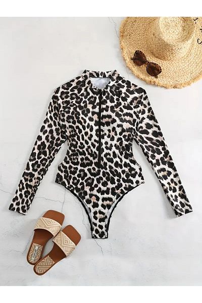 Paragon Women's Hijab Full Covered Long Sleeve Lycra Leopard Print Swimmer Surfing Swimsuit (Without Cap)