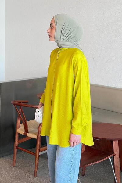 lamelif Tree Bark Textured Cotton Hijab Shirt Oil Green