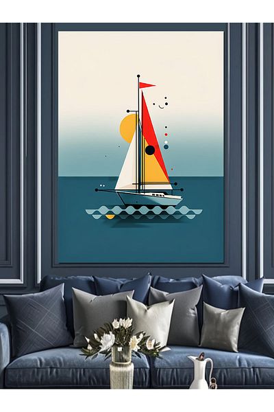 Tablomega Pânză decorativă cu design minimalist cu barca cu pânze - MDF Lemn