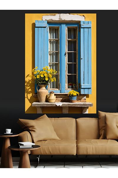 Tablomega Fereastră Albastră și Pânză Decorativă Florală - Lemn MDF