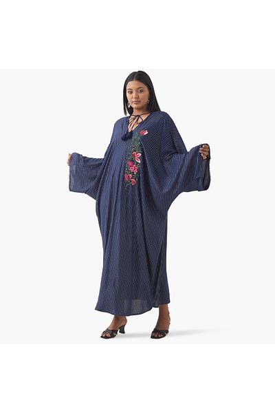 Ulla Popken Plus Size Ulla Popken Floral Embellished Kaftan Dress with Tie-Up Neck
