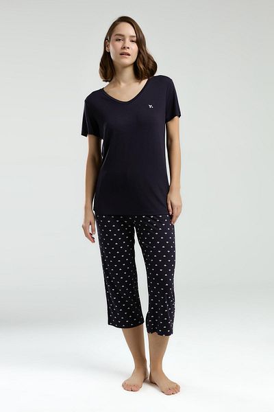 Arnetta 3225 Costum de pijama Capri cu buline, cu decolteu în V, cu mânecă scurtă, albastru bleumarin