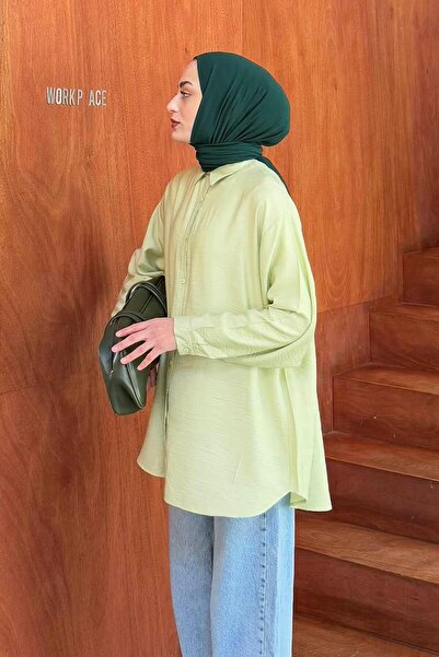 lamelif Πουκάμισο Hijab από βαμβακερό υφή με πράσινο φλοιό δέντρου