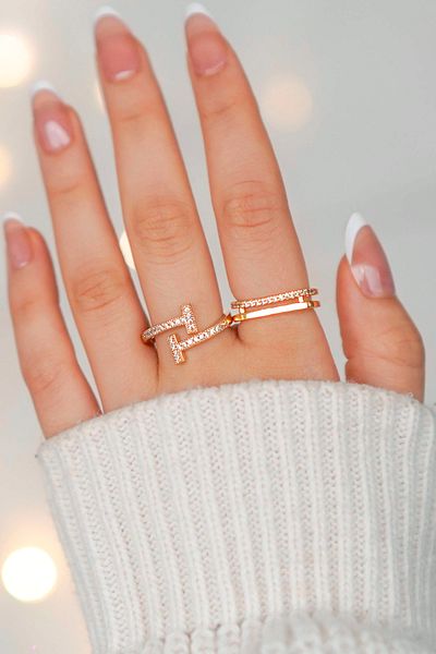 The Collection Set of 2 Zircon Stone Waterway and t Model Gold Adjustable Women's Rings (2 Rings)