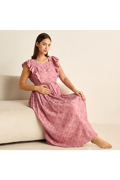 FAV Floral Print Maternity Night Dress With Square Neck And Ruffle Detail