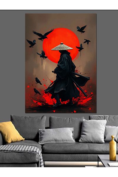 Tablomega Samurai și Lună Roșie Pânză Decorativă - Lemn MDF
