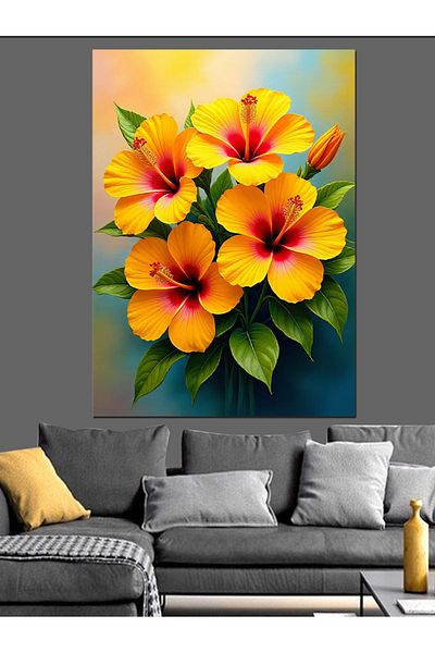 Tablomega Pânză decorativă cu flori de hibiscus tropical - Lemn MDF