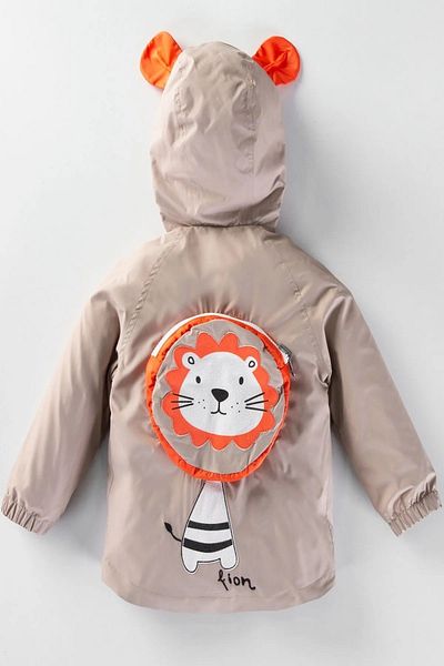DeKuBaby Children-Baby Coat Raincoat with Cute Lion Figure, Backpack, Cotton Lining, Ears, Hood
