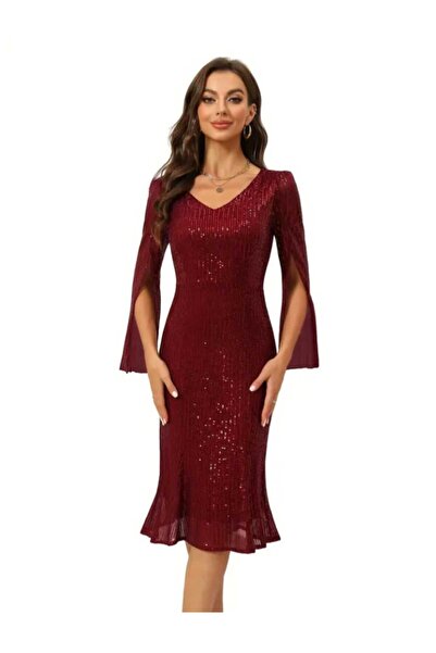 elissaa V YAKA PUL PAYET MİDİ ELBİSE