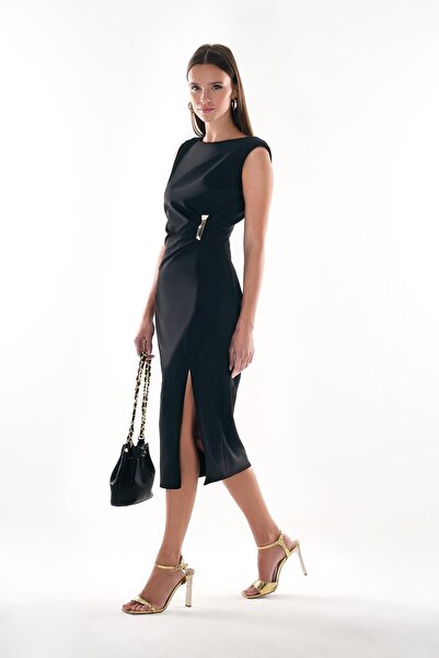 EXPLOSION Bedene Oturan Önden Yırtmaçlı Midi Boy Şık Elbise