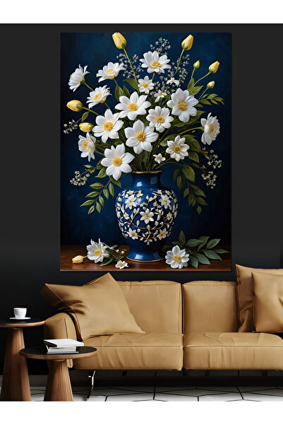 KanvasSepeti Flori albe în vază Pictură decorativă în ulei Texturată Pânză de înaltă calitate Pictură pe pânză 70 x 50 cm