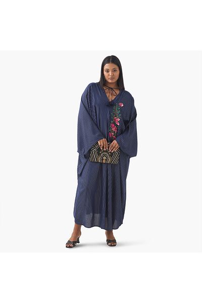 Ulla Popken Plus Size Ulla Popken Floral Embellished Kaftan Dress with Tie-Up Neck