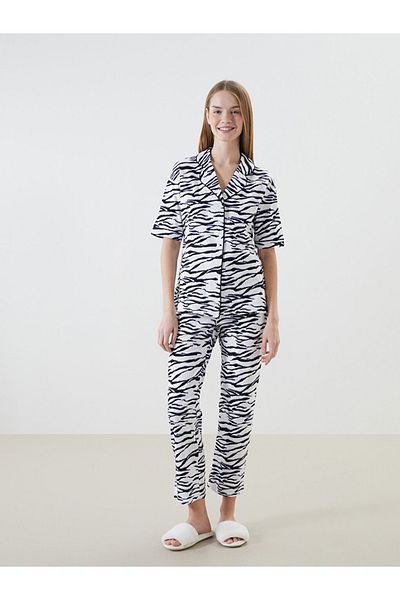 LC Waikiki Set de pijamale de damă cu guler alb cu model zebră