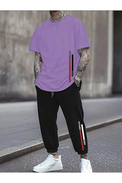 SKYLİGHT Purple Oversize Future Printed Crew Neck T-Shirt - Black Jogger Sweatpants Set