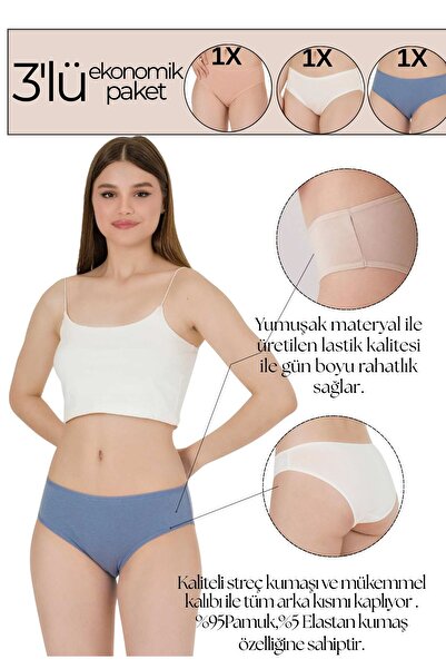 Berrak 3'Lü Ekonomik Bato Yüksek Bel Pamuklu Basic Külot Classic
