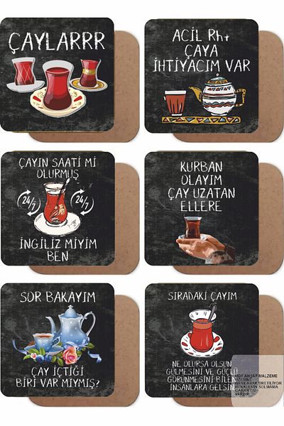 Hayat Poster Funny Humorous and Meaningful Tea Sayings Wall Graffiti Set of 6 Retro Wooden Cup Holders