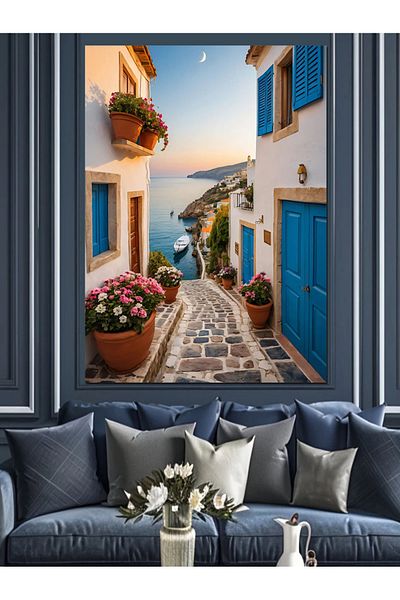 Tablomega Διακοσμητικός καμβάς μπλε παραθύρου και δρόμου - Ξύλινος πίνακας MDF