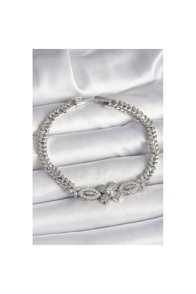 Skygo Brass Silver Color Zircon Stone Flower Figure Barley Chain Model Women's Bracelet - Tj-Bb6817