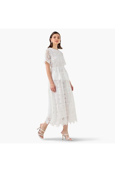 2Xtremz 2Xtremz Lace Textured A-line Dress with Round Neck and Short Sleeves