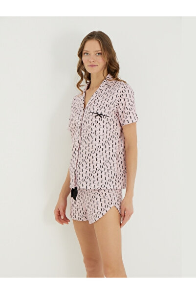 İPEKTENİM Love Text Printed Buttoned Shirt Shorts Pajama Set
