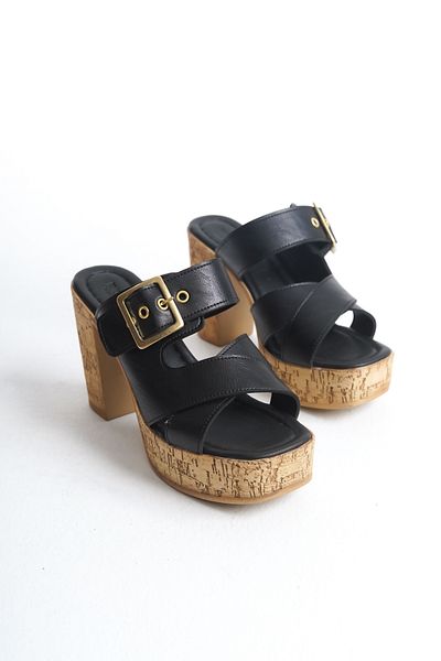 bolemo Black Women's Buckle Heeled Slippers