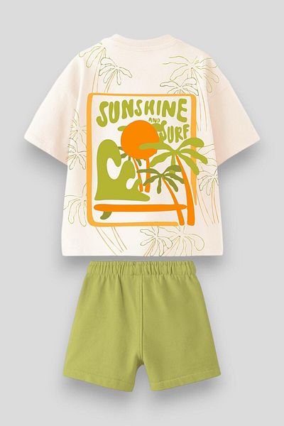 Magu Boy's Textile Ecru Palm Set- Sunshine & Surf Theme T-Shirt and Green Shorts