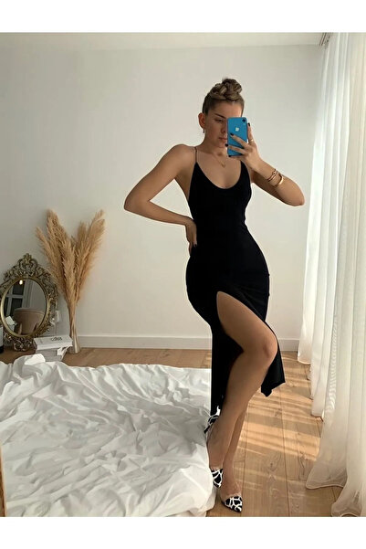 nightblack Siyah Ince Askılı Şık Baglama Detaylı Elbise Yırtmaç Detaylı