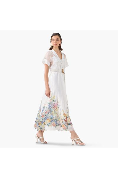2Xtremz 2Xtremz Floral Print Maxi Dress with Lapel Collar and Short Sleeves