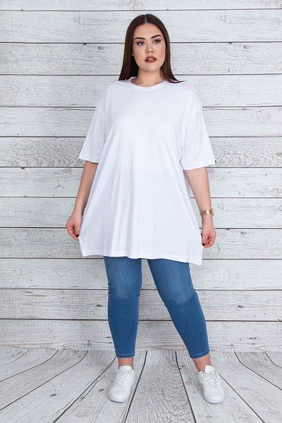 Şans Γυναικεία Plus Size Λευκή φαρδιά κομμένη βαμβακερή μπλούζα Oversize 65n23414