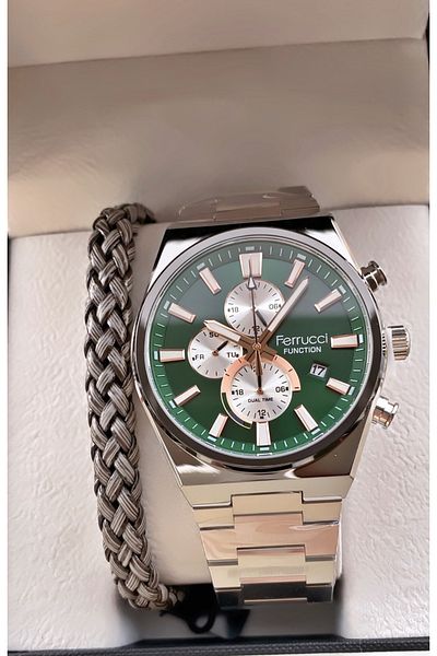 Ferrucci Brand Silver Color Steel Cord Inner Functions Active Steel Men's Wristwatch - with Bracelet Gift