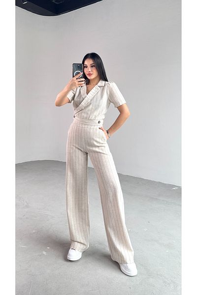 Cappmoda Tkm-03678 Stone Black Striped Button Detail Double Breasted Collar Blouse Pocket Loose Trousers Linen Set