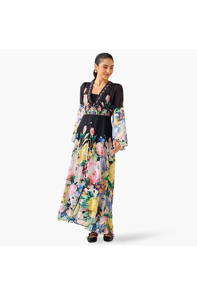 2Xtremz 2Xtremz All-Over Floral Print A-line Dress with Bell Sleeves