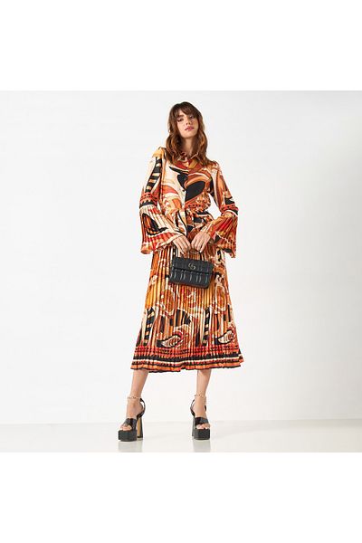 2Xtremz All-Over Print Shirt Dress with Tie-Up Belt and Bell Sleeves