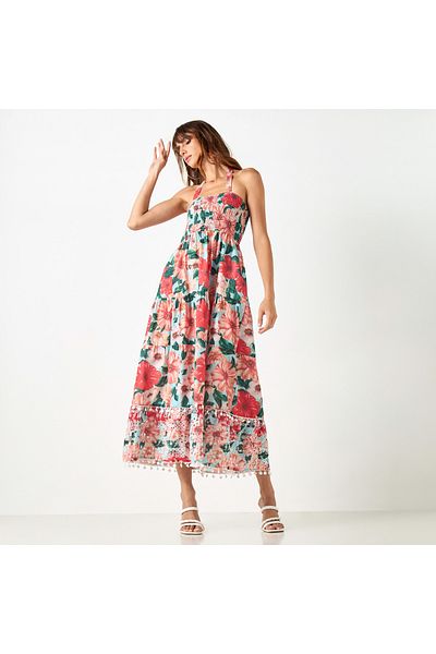 2Xtremz All-Over Floral Print Halter Dress with Shirred Detail