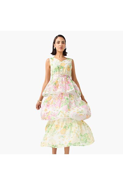 2Xtremz 2Xtremz Floral Print Sleeveless Dress with V-neck and Tie-Up Belt