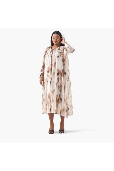 Ulla Popken Plus Size Ulla Popken Printed Dress with Round Neck and Long Slit Sleeves