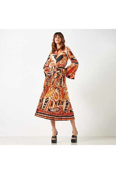 2Xtremz All-Over Print Shirt Dress with Tie-Up Belt and Bell Sleeves