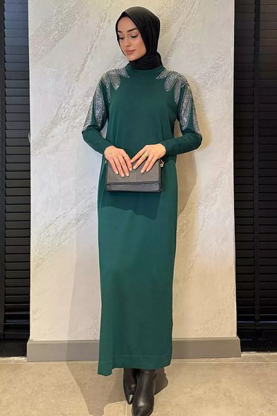 julude Φόρεμα πλεκτό Hijab με Σμαραγδένια Πράσινη Πέτρα