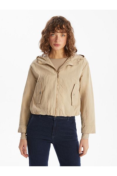 LC Waikiki Beigefarbener, einfarbiger, übergroßer Damen-Trenchcoat mit Kapuze
