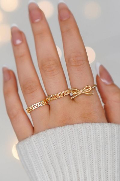 The Collection 3-Piece Zircon Stone Chain, Maze and Bow Gold Adjustable Women's Ring Set (2 Rings)