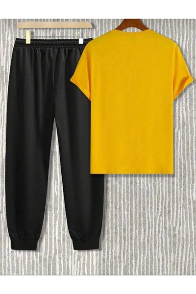 SKYLİGHT Yellow Oversize Paris Design Printed T-Shirt Black Jogger Sweatpants Set