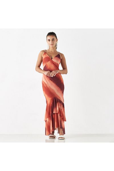FAV Ombre Print Tiered Sleeveless Dress with V-neck
