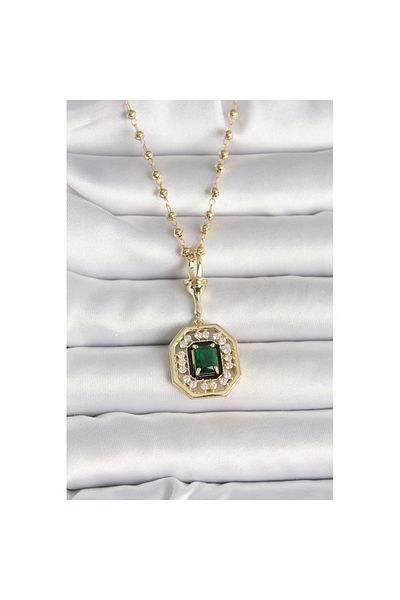 Skygo 316L Steel Gold Topcuk Chain Green Stone Seranay Women's Necklace