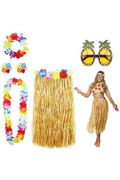 Skygo Hawaiian Party Costume Set - 60 cm Straw Skirt, Floral Accessories and Pineapple Glasses