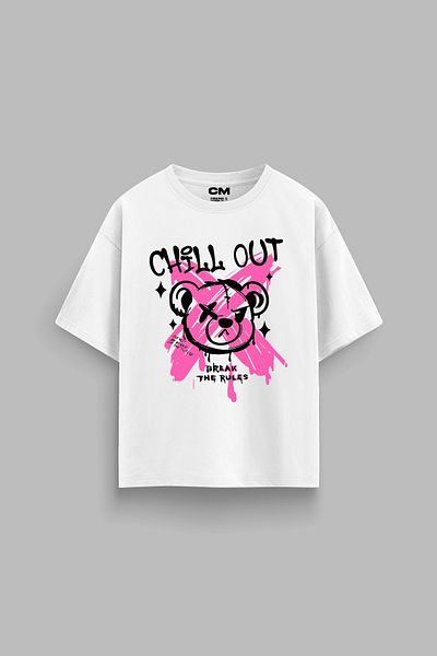 Bak Moda Chill Out Bear Printed Comfortable Fit 30/1 Unisex White Tshirt