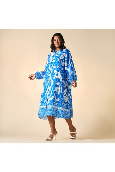 Ulla Popken Plus Size Ulla Popken All-Over Print Dress with Volume Sleeves